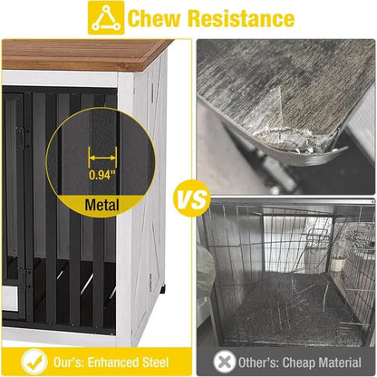 Foldable Dog Crate Furniture No Assembly, Expandable Design, Chew-Resistant, with 360° Rotating Pet Bowls - Purrfect Pet Haven