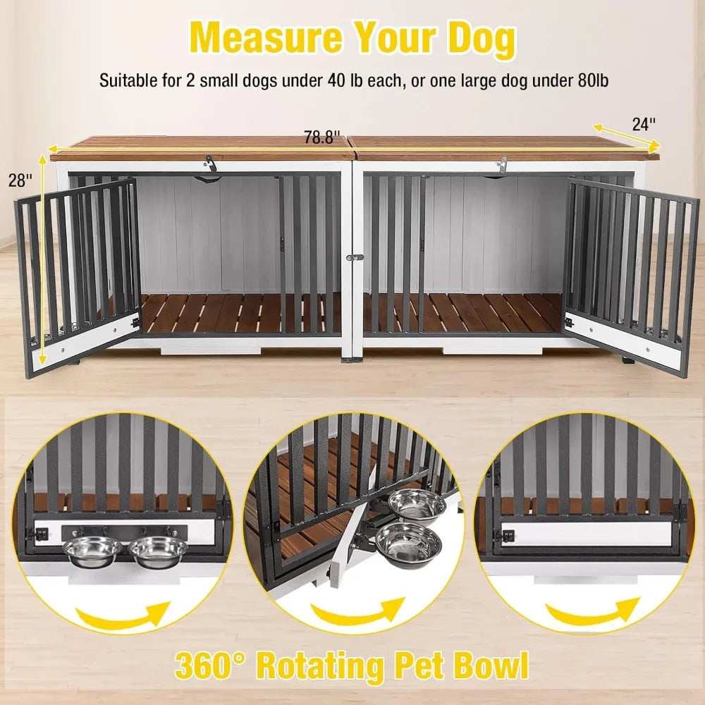 Foldable Dog Crate Furniture No Assembly, Expandable Design, Chew-Resistant, with 360° Rotating Pet Bowls - Purrfect Pet Haven