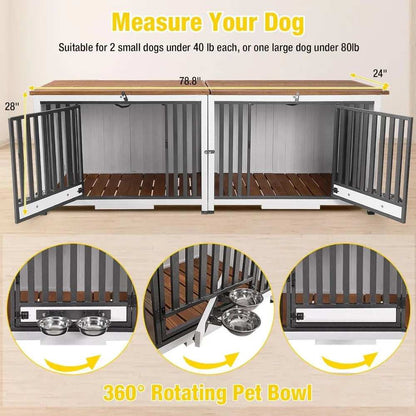 Foldable Dog Crate Furniture No Assembly, Expandable Design, Chew-Resistant, with 360° Rotating Pet Bowls - Purrfect Pet Haven