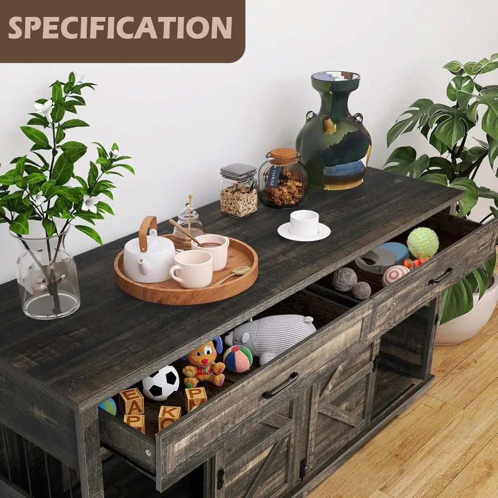 Wooden Furniture Double Dog Crate TV Stand for Medium and Large Breeds with Sliding Doors - Purrfect Pet Haven