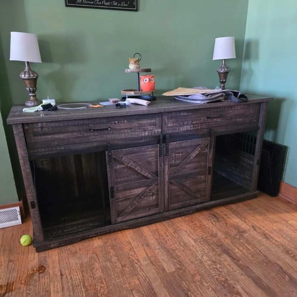 Wooden Furniture Double Dog Crate TV Stand for Medium and Large Breeds with Sliding Doors - Purrfect Pet Haven