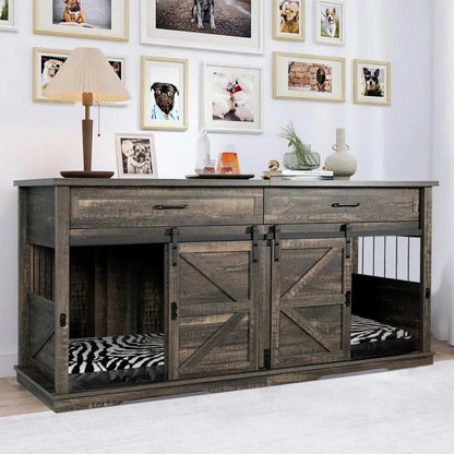 Wooden Furniture Double Dog Crate TV Stand for Medium and Large Breeds with Sliding Doors - Purrfect Pet Haven