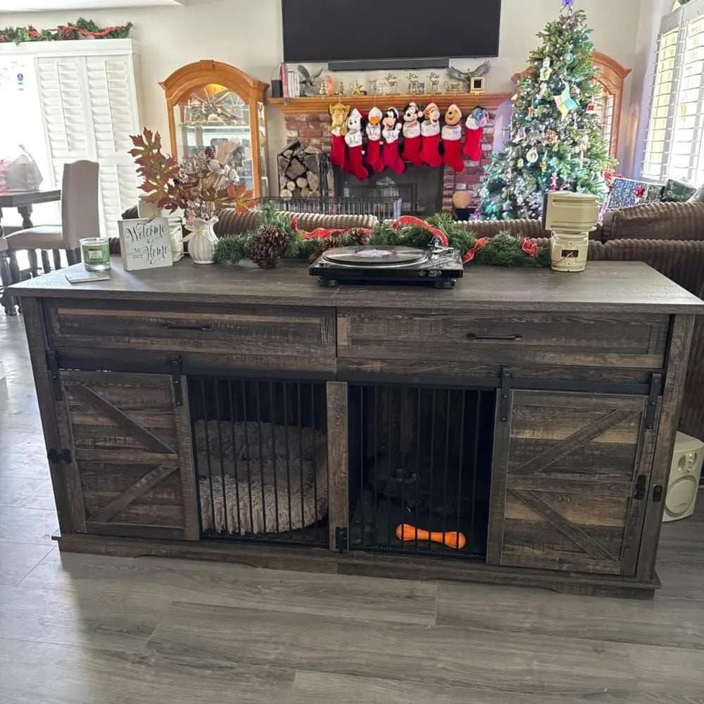 Wooden Furniture Double Dog Crate TV Stand for Medium and Large Breeds with Sliding Doors - Purrfect Pet Haven