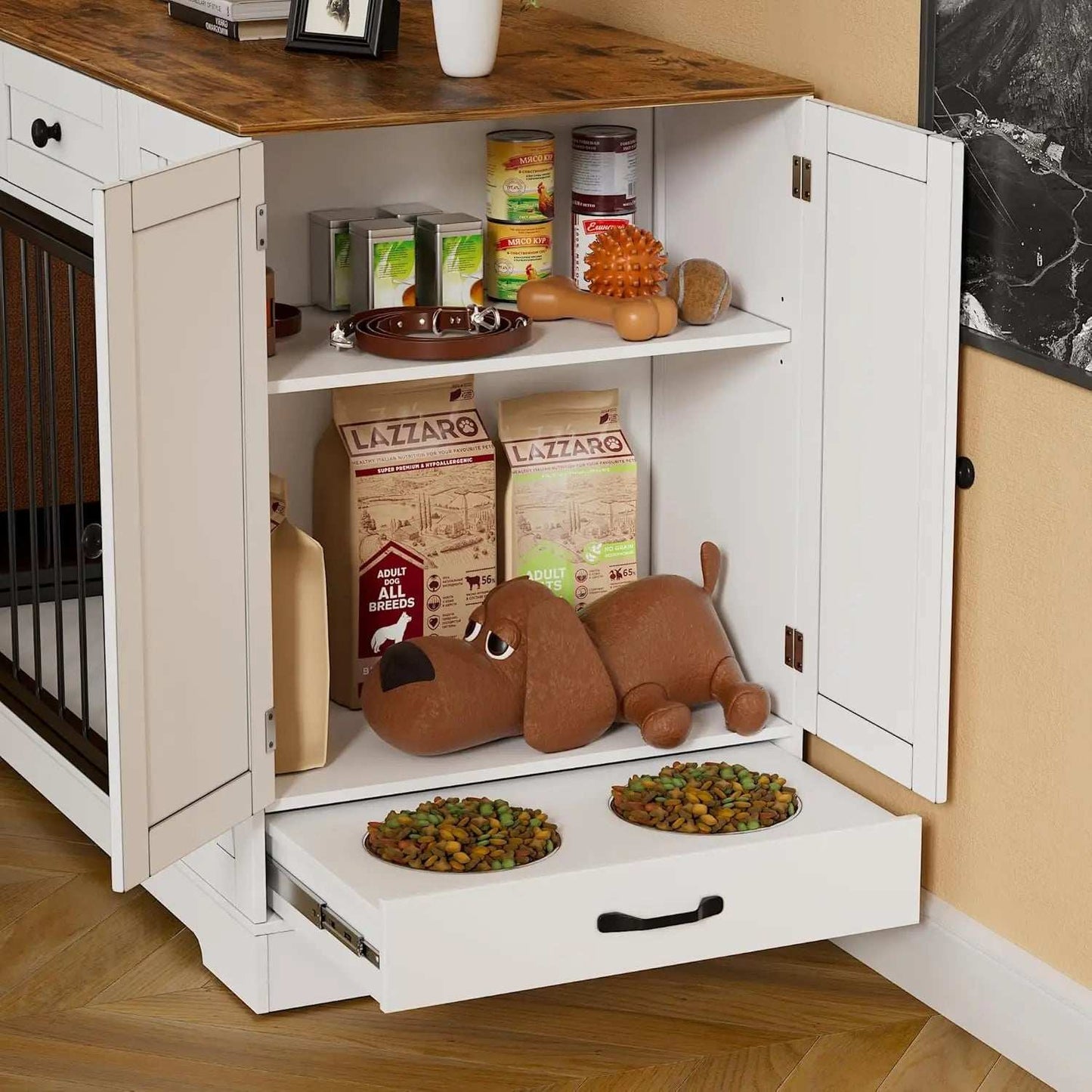 Dog Crate Furniture Kennel with Double Doors - Wooden Pet House with 2 Drawers and Pet Feeder Station Storage Cabinet - Purrfect Pet Haven