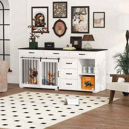 67" Wide Luxury Wooden Heavy Duty Single Room Dog Kennel Furniture w/Sliding Door - Purrfect Pet Haven