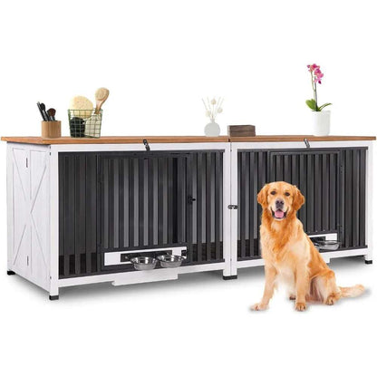 Foldable Dog Crate Furniture No Assembly, Expandable Design, Chew-Resistant, with 360° Rotating Pet Bowls - Purrfect Pet Haven