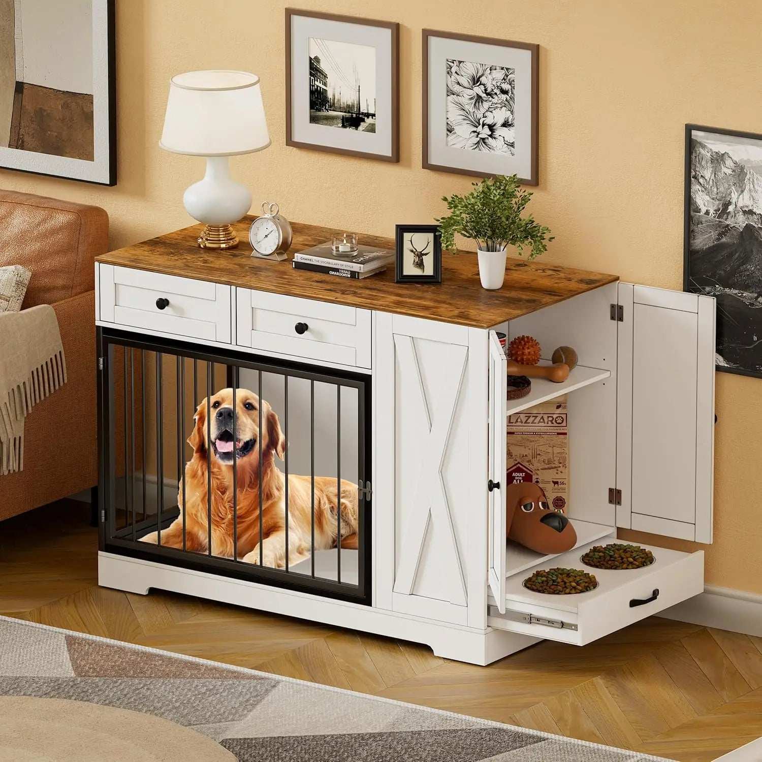 Dog Crate Furniture Kennel with Double Doors - Wooden Pet House with 2 Drawers and Pet Feeder Station Storage Cabinet - Purrfect Pet Haven