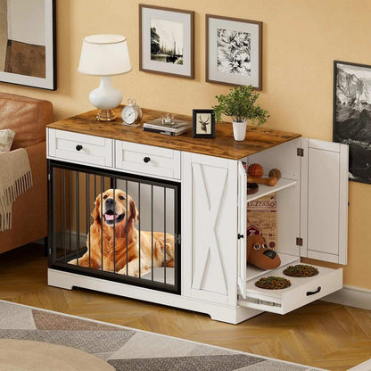 Dog Crate Furniture Kennel with Double Doors - Wooden Pet House with 2 Drawers and Pet Feeder Station Storage Cabinet - Purrfect Pet Haven