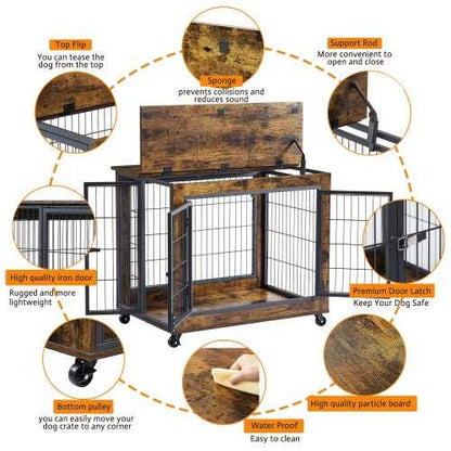 Furniture Style Dog Crate Side Table On Wheels With Double Doors And Lift Top. Rustic Brown, 31.50'' W X 22.05'' D X 25'' H. - Purrfect Pet Haven