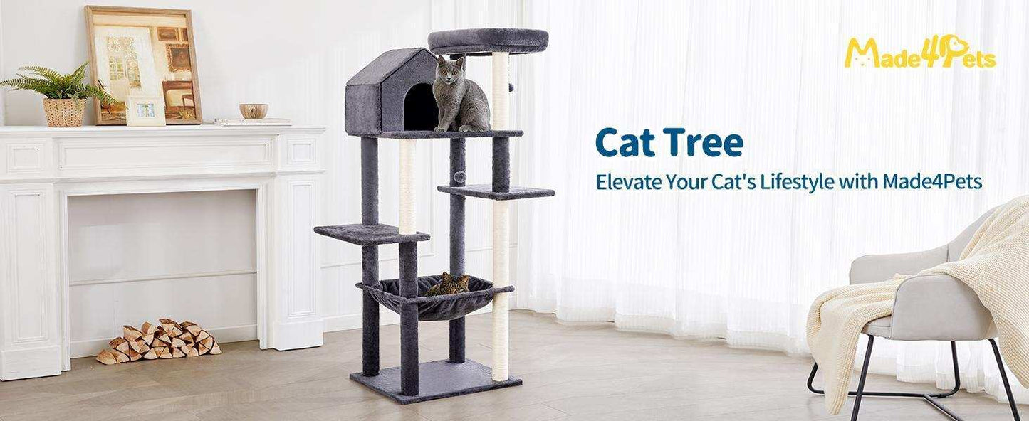 60 Inch Multi-Level Cat Tree For Indoor Cats With Plush Hammock - Purrfect Pet Haven