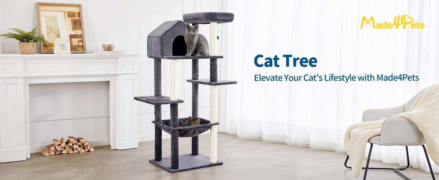 60 Inch Multi-Level Cat Tree For Indoor Cats With Plush Hammock - Purrfect Pet Haven