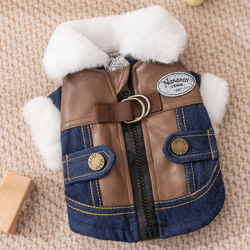Retro Rebel Jacket - Denim Pet Coat with Fur - Purrfect Pet Haven