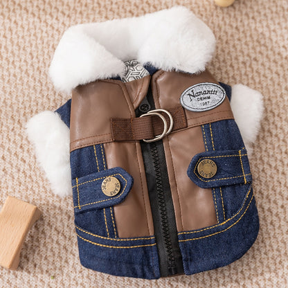 Retro Rebel Jacket - Denim Pet Coat with Fur - Purrfect Pet Haven