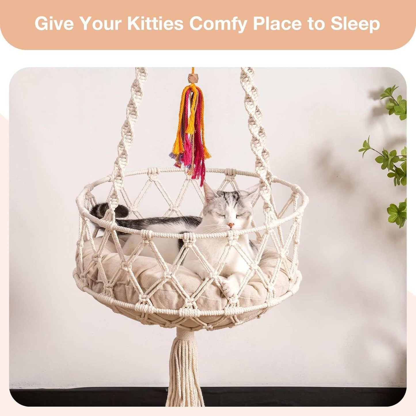 Macrame Cat Swing Bed For Indoor Cats - Boho Hanging Hammock With Washable Mat - Purrfect Pet Haven