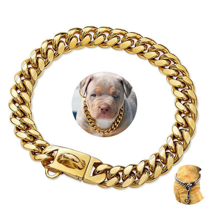 Stainless Steel Cuban Chain Lock Buckle Gold Silver Black Pet Dog Collar - Purrfect Pet Haven