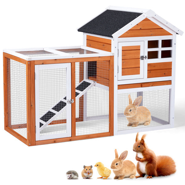 Wooden Rabbit Hutch with Run - Fir Wood with Ladder - Purrfect Pet Haven
