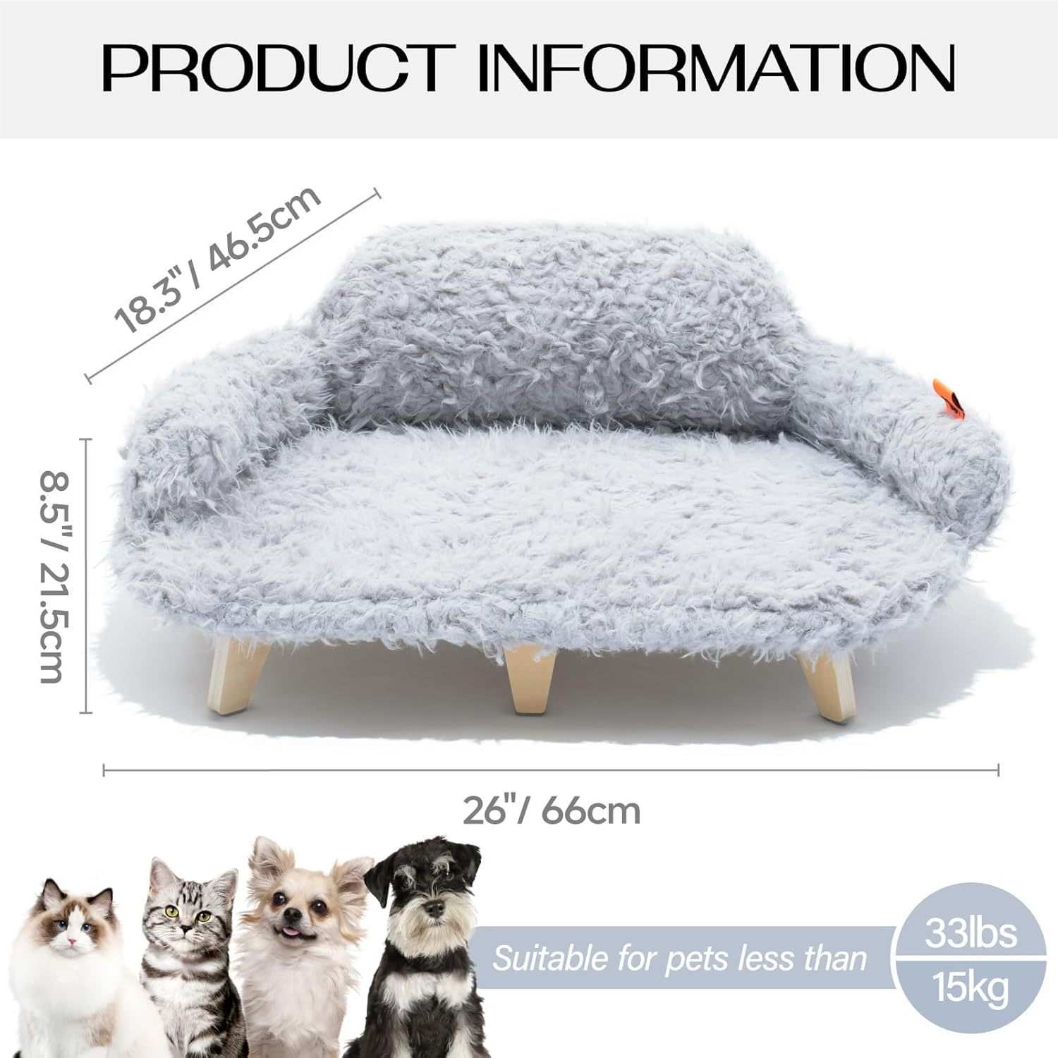 Pet bed with dimensions and suitability for pets less than 33 lbs.