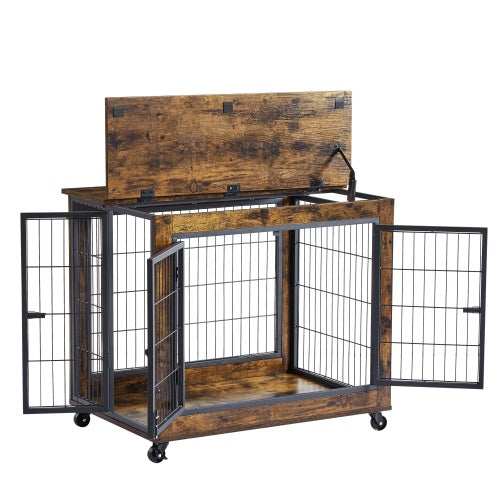 Furniture Style Dog Crate Side Table On Wheels With Double Doors And Lift Top. Rustic Brown, 31.50'' W X 22.05'' D X 25'' H. - Purrfect Pet Haven