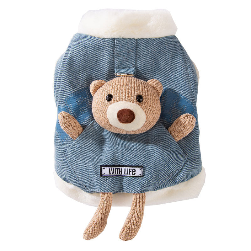 Teddy Bear Denim Vest - Dog Winter Coat with Plush Toy - Purrfect Pet Haven