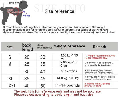 Dog size chart with measurements and weight references