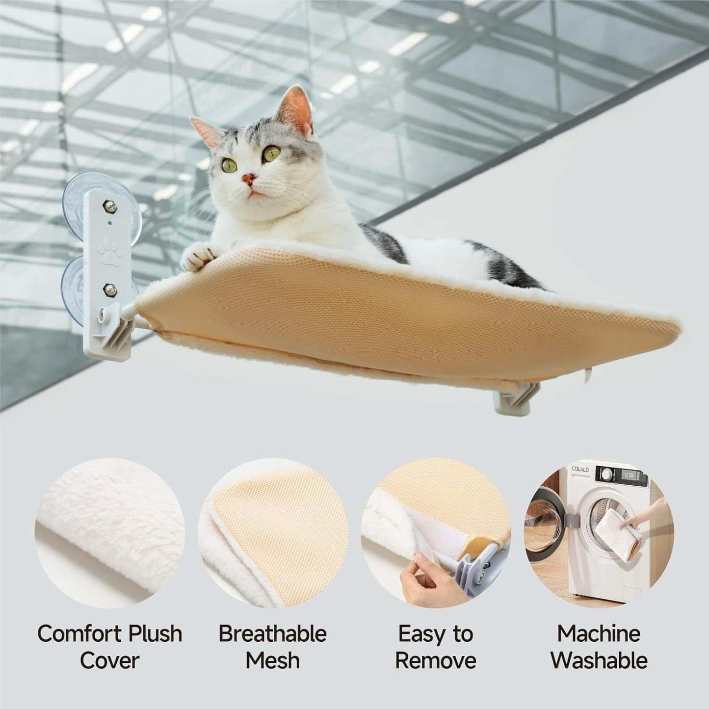 Large White Window Seat Cat Window Perch - Foldable Steel Frame Hammock with Removable Mat For Indoor Cats - Purrfect Pet Haven