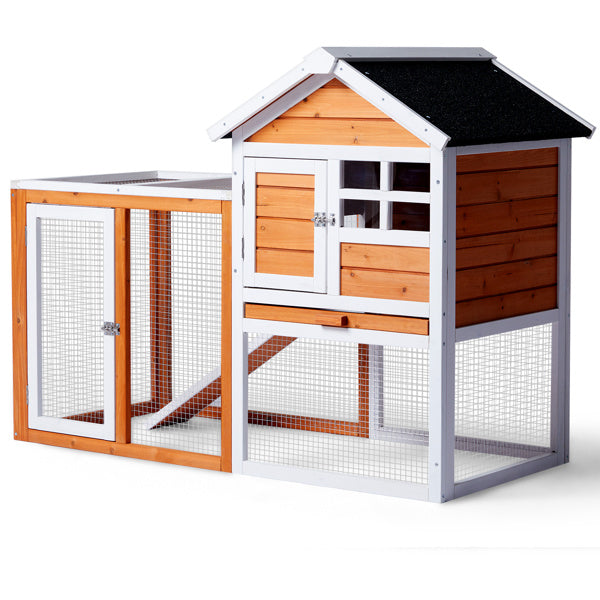 Wooden Rabbit Hutch with Run - Fir Wood with Ladder - Purrfect Pet Haven