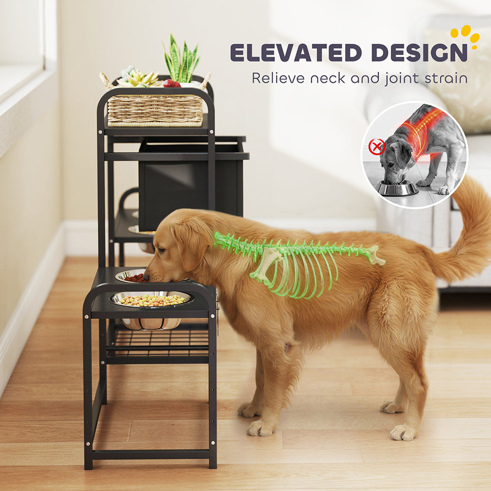 Dog Bowl Stand Dual Station - 4 Bowls 3 Heights Storage Bin
