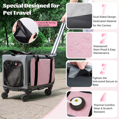 Rolling Pet Carrier with Wheels - 3-Sided Expandable Travel Bag Cats Dogs