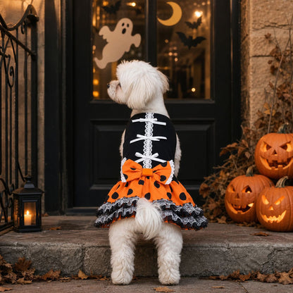 Halloween Dog Dress - Cute Orange & Black Polka Dot Tutu Skirt with Lace Bow, Puppy Party Costume for Small to Medium Dogs, Perfect Halloween Outfit for Bichon, Maltese, Teddy and More