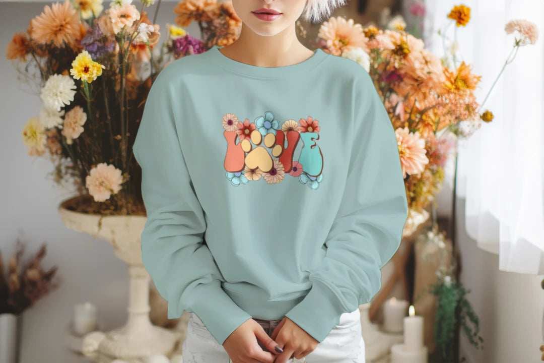 Love Paw Print Crewneck - Floral Pet Lover Sweatshirt - Purrfect Pet Haven