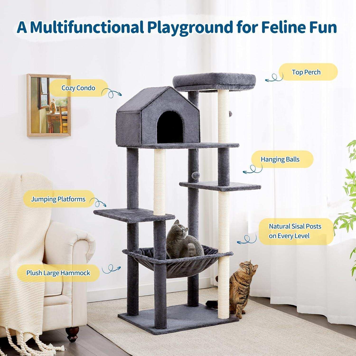 60 Inch Multi-Level Cat Tree For Indoor Cats With Plush Hammock - Purrfect Pet Haven