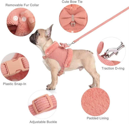 Warm Fur Collar Soft Padded Small Girl Pet Harness and Leash Set with Bow Tie - Purrfect Pet Haven
