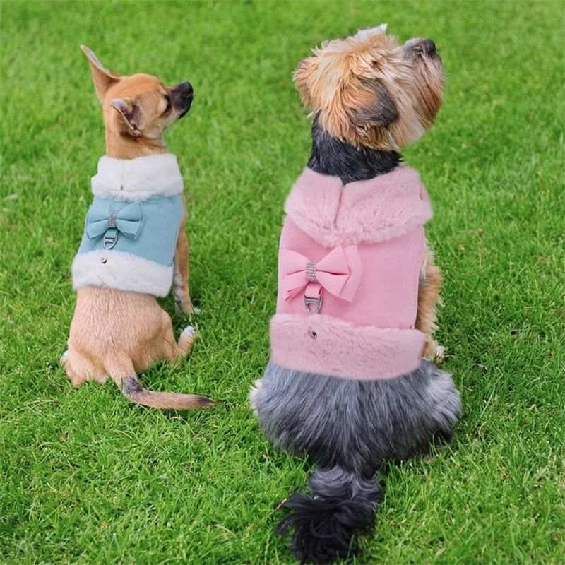 Warm Fur Collar Soft Padded Small Girl Pet Harness and Leash Set with Bow Tie - Purrfect Pet Haven
