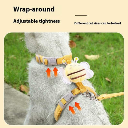 Cat collar with bee design and adjustable leash on a cat in a grassy area