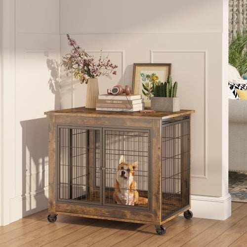 Furniture Style Dog Crate Side Table On Wheels With Double Doors And Lift Top. Rustic Brown, 31.50'' W X 22.05'' D X 25'' H. - Purrfect Pet Haven