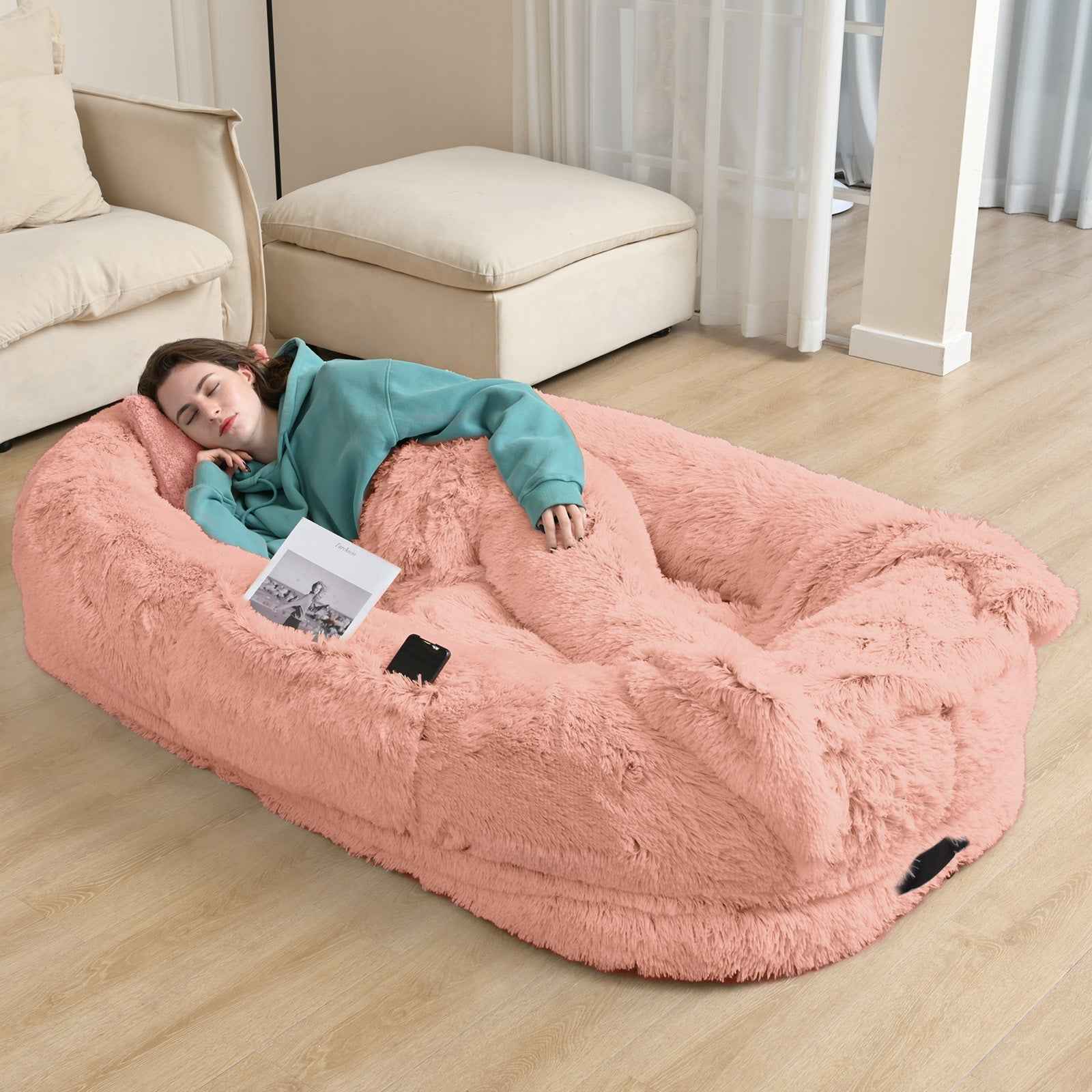 Oversized Human Dog Bed For Adults & Pets, 71 In X45 In X 12 In Ultra Soft Faux Fur Lounger, Washable Floor Bed With Orthopedic Support, Pillow & Blanket Included For Cozy Rest