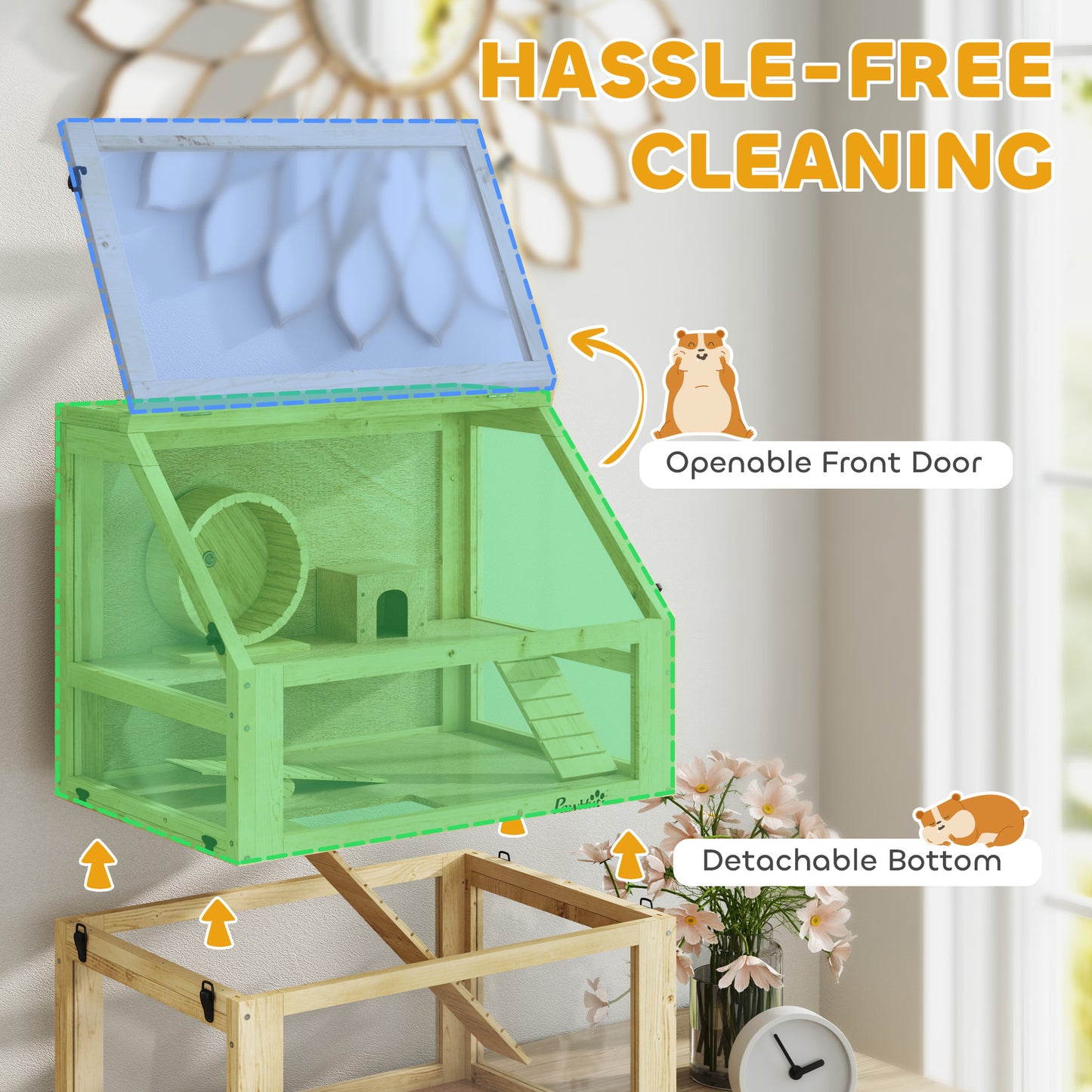 Hamster Cage 3 Tier Wooden - Deep Base Toys Wheel Included