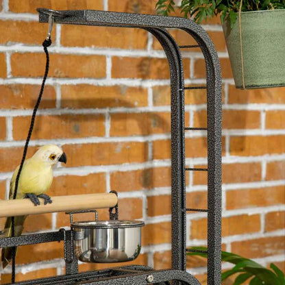 PawHut Parrot Stand Large Bird Perch Stand With Toy Hook  3 Ladders, Parrot Perch, Bird Wooden Stand, Gray