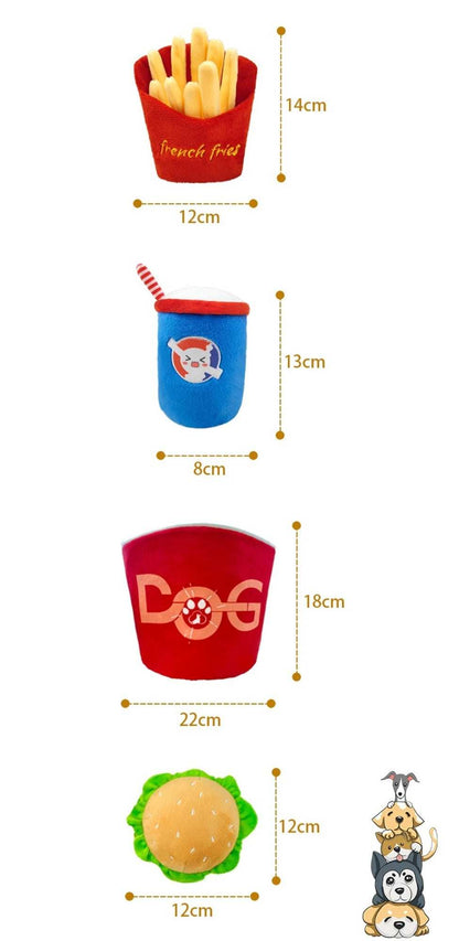 Fast Food Dog Toy Set - 4-in-1 Squeaky Plush Bucket with Fries, Burger & Soda - Purrfect Pet Haven