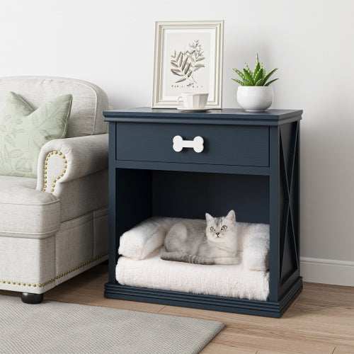 Vintage Farmhouse Small Table Pet Locker With Pet Bed and LED Lights - Purrfect Pet Haven