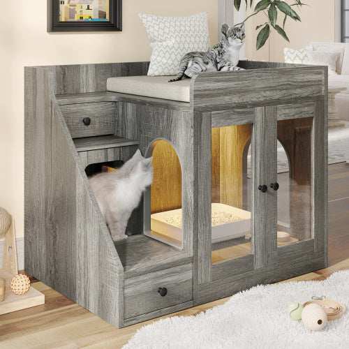 GO Cat Litter Box Enclosure With Light , Hidden Litter Box Furniture With 2 Storage Drawers, Indoor Cat House Side Table For Living Room - Purrfect Pet Haven
