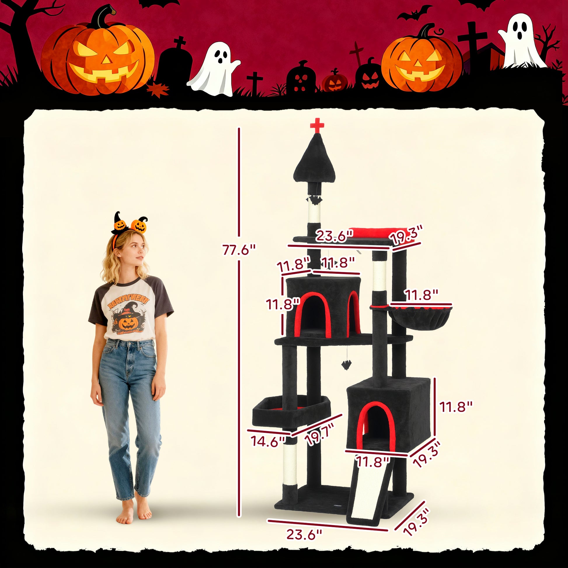 Gothic Cat Tree 78" - Castle Tower with Coffin Bed & Condos - Purrfect Pet Haven