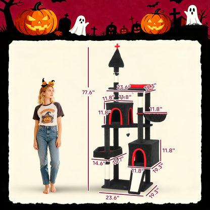 Gothic Cat Tree 78" - Castle Tower with Coffin Bed & Condos - Purrfect Pet Haven