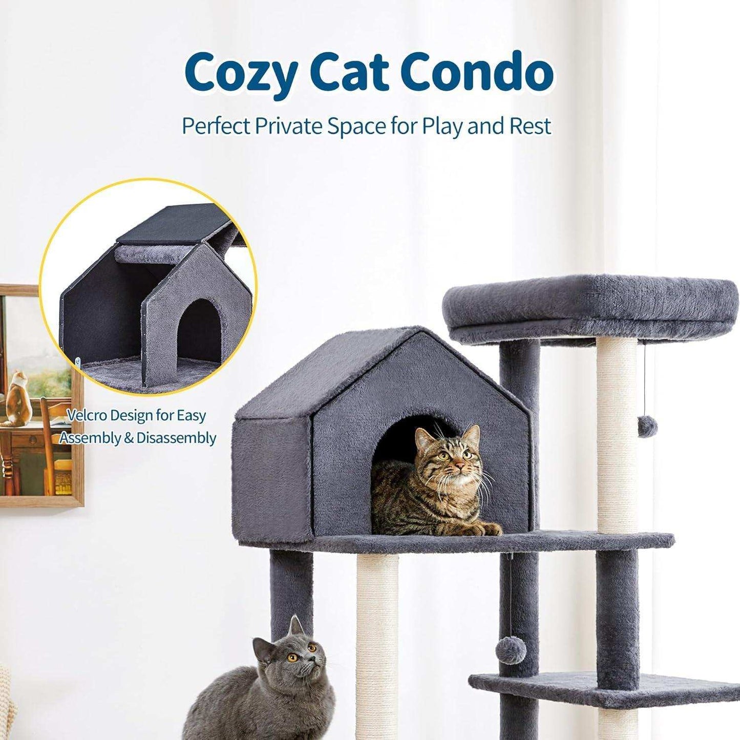 60 Inch Multi-Level Cat Tree For Indoor Cats With Plush Hammock - Purrfect Pet Haven
