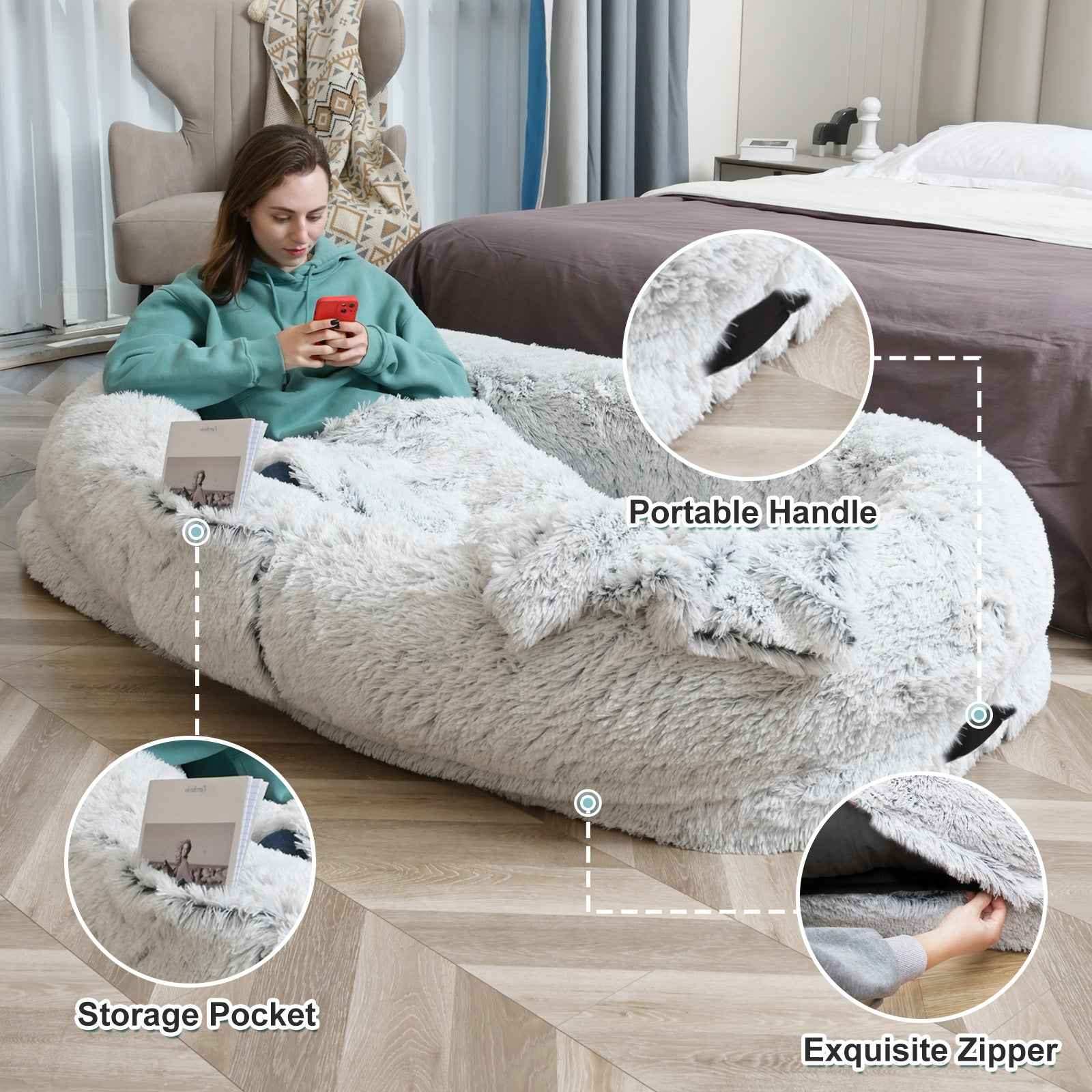 Human Dog Bed - 63 In X 31.4 In X 9.5 In Washable Faux Fur Lounger For Adults & Pets, Cushion With Orthopedic Support, Includes Pillow & Blanket