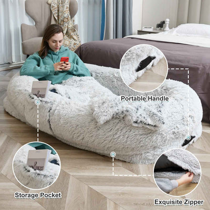 Human Dog Bed - 63 In X 31.4 In X 9.5 In Washable Faux Fur Lounger For Adults & Pets, Cushion With Orthopedic Support, Includes Pillow & Blanket