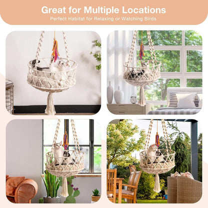 Macrame Cat Swing Bed For Indoor Cats - Boho Hanging Hammock With Washable Mat - Purrfect Pet Haven