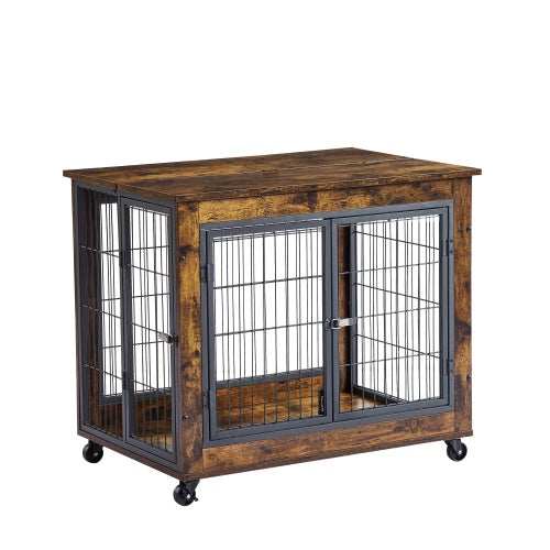 Furniture Style Dog Crate Side Table On Wheels With Double Doors And Lift Top. Rustic Brown, 31.50'' W X 22.05'' D X 25'' H. - Purrfect Pet Haven