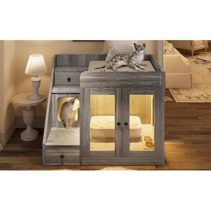 GO Cat Litter Box Enclosure With Light , Hidden Litter Box Furniture With 2 Storage Drawers, Indoor Cat House Side Table For Living Room - Purrfect Pet Haven