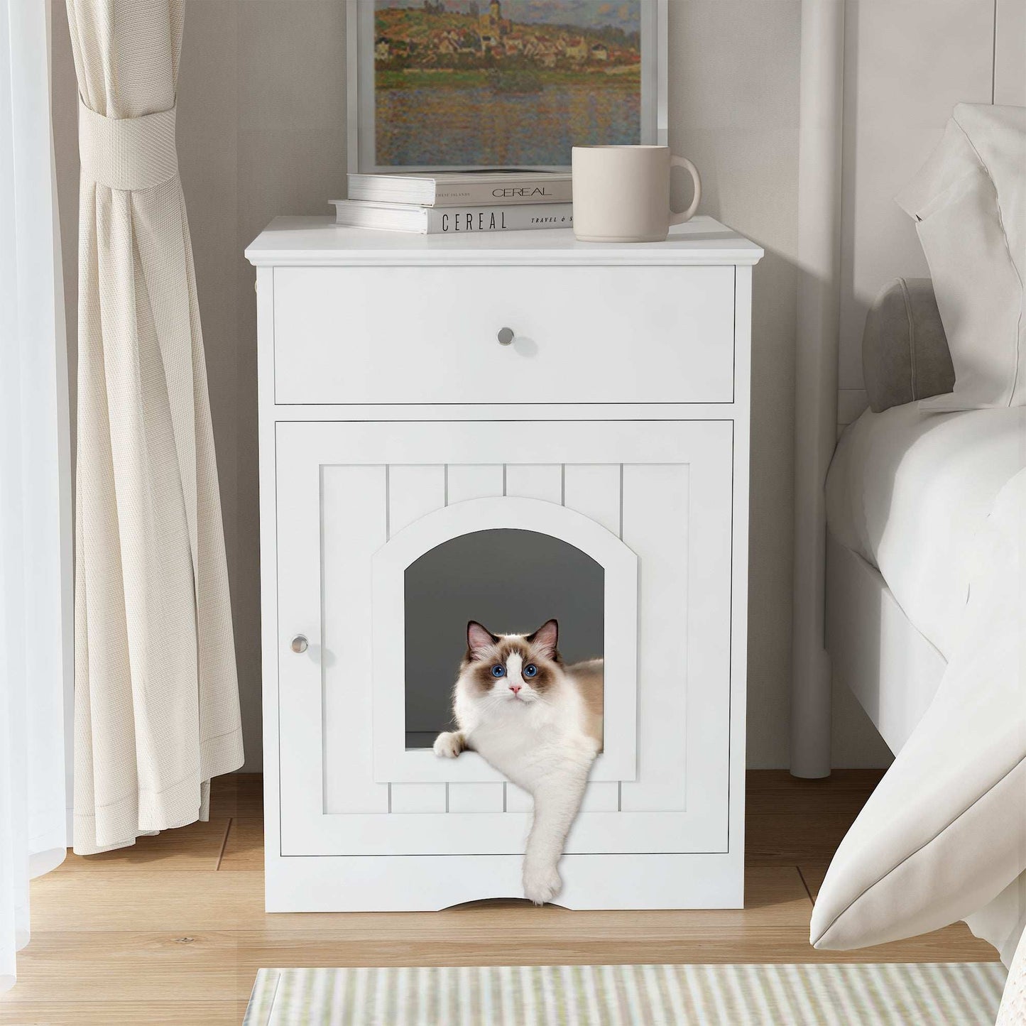 Wooden Pet House Litter Box Fence With Drawers - Purrfect Pet Haven